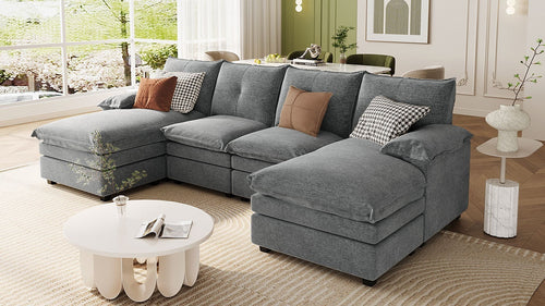 Gray U-Shaped Chenille Sectional Sofa – 6-Seater Modular Design with Adjustable Armrest Pillows