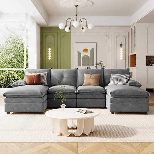 Gray U-Shaped Chenille Sectional Sofa – 6-Seater Modular Design with Adjustable Armrest Pillows
