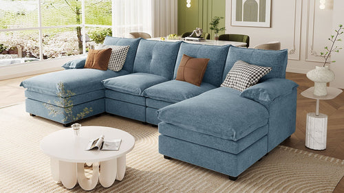 Blue U-Shaped Chenille Sectional Sofa – 6-Seater Modular Design with Adjustable Armrest Pillows
