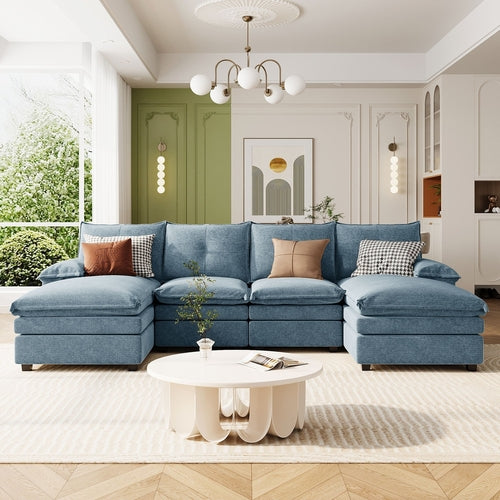 Blue U-Shaped Chenille Sectional Sofa – 6-Seater Modular Design with Adjustable Armrest Pillows