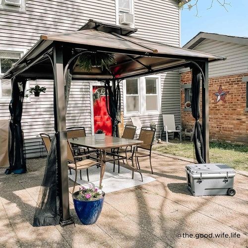 10x12 Hardtop Gazebo with Steel Frame & Mesh Netting – Brown Outdoor Retreat